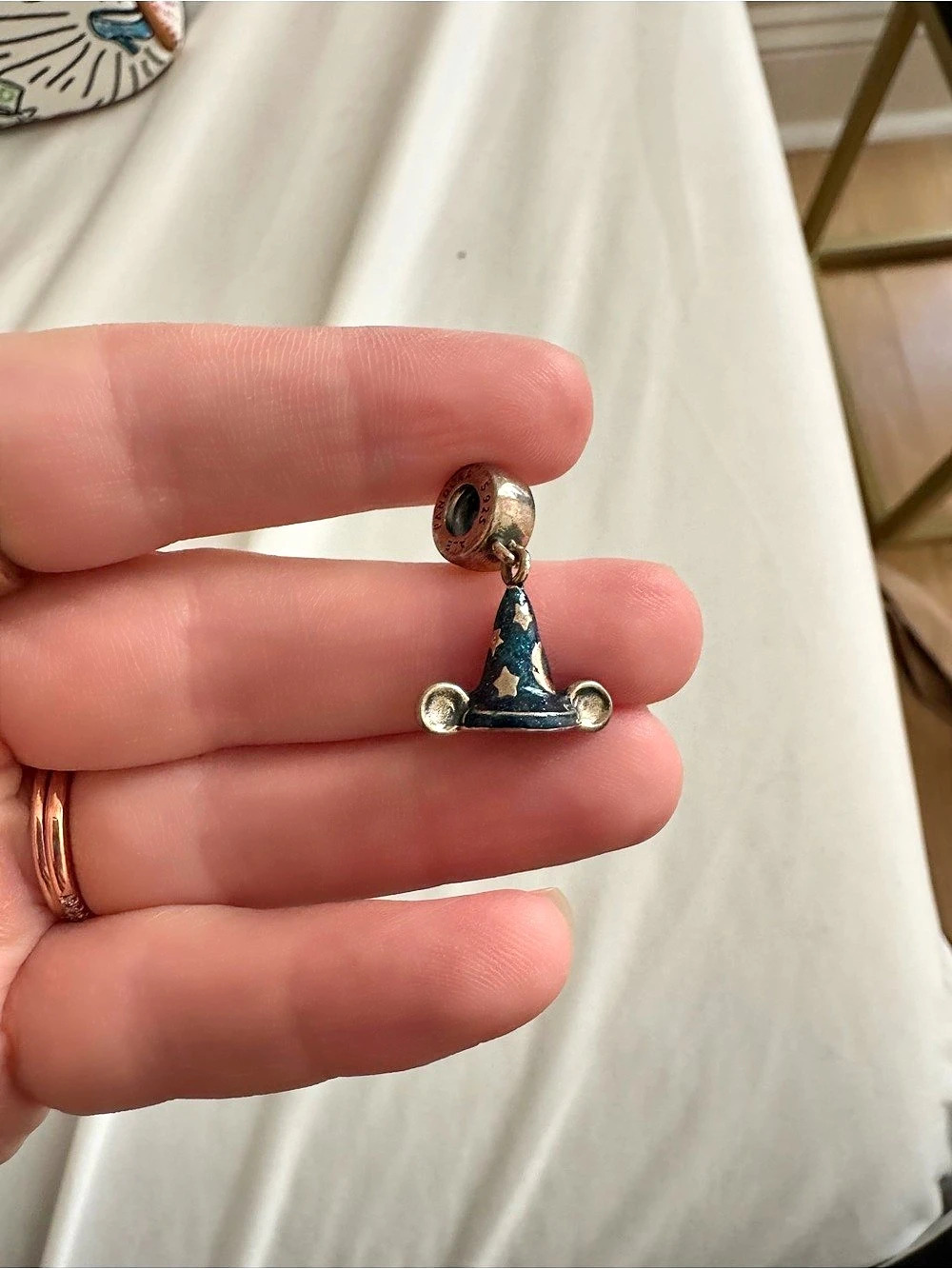 PANDORA Disney Sorcerer Mickey Hat Dangle Charm Blue & Silver